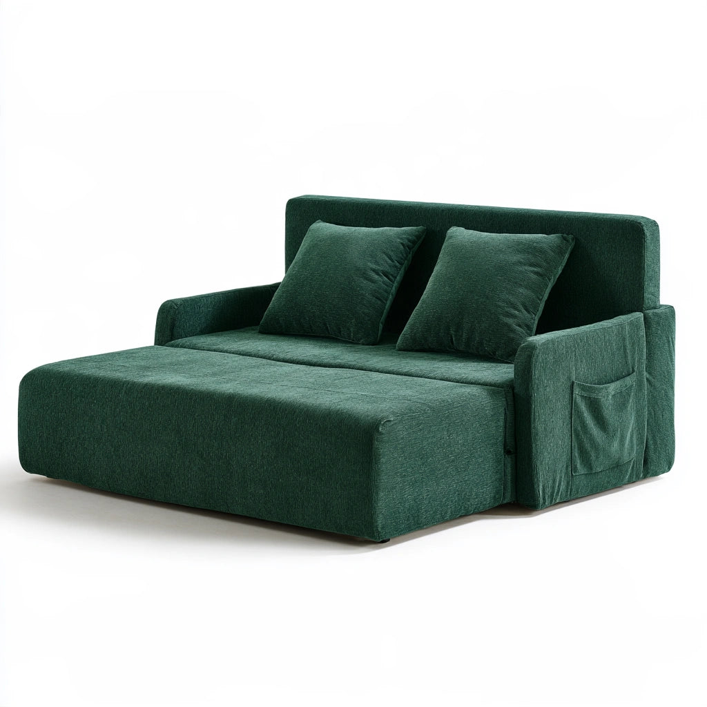 Nowoczesna sofa, tapicerowany tkaniną, składana konstrukcja, kolor: zielony