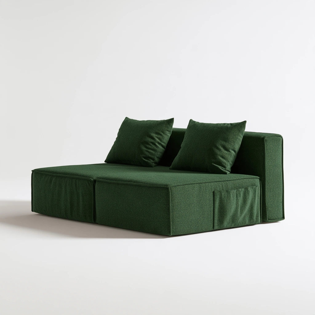 Nowoczesna sofa, tapicerowany tkaniną, składana konstrukcja, kolor: zielony
