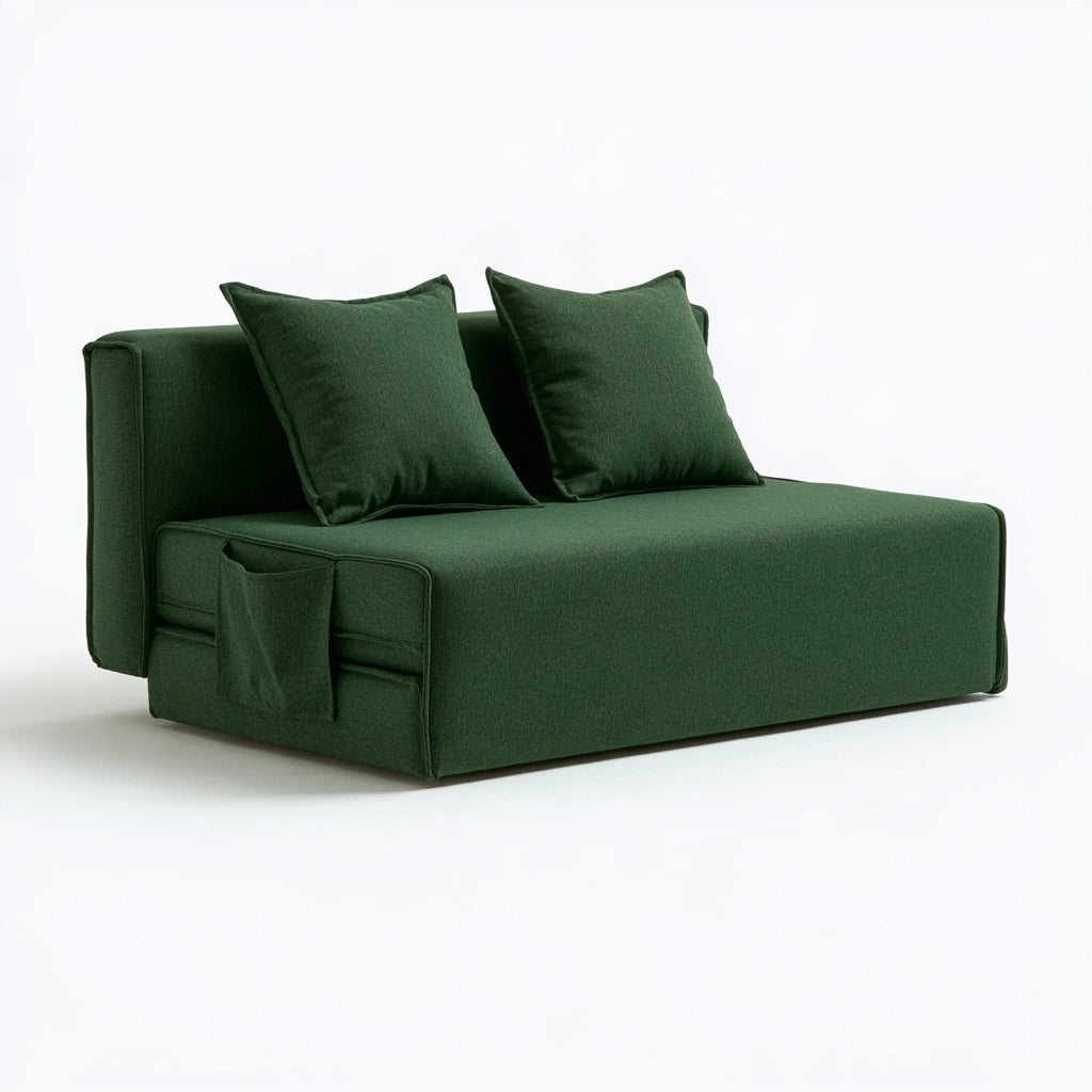 Nowoczesna sofa, tapicerowany tkaniną, składana konstrukcja, kolor: zielony