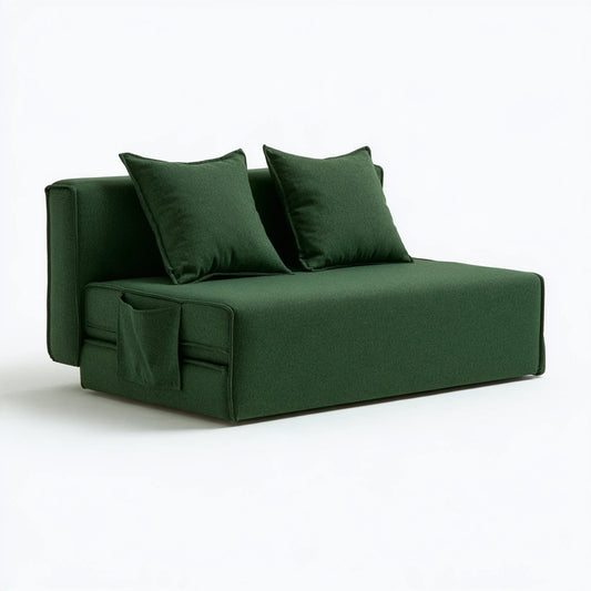 Nowoczesna sofa, tapicerowany tkaniną, składana konstrukcja, kolor: zielony